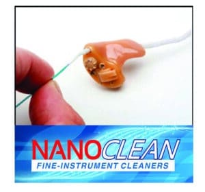 NanoClean logo and image of product being used to clean a hearing aid