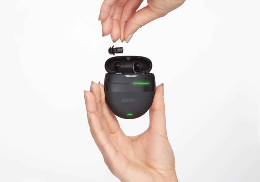 Eargo 8 OTC hearing aid and case