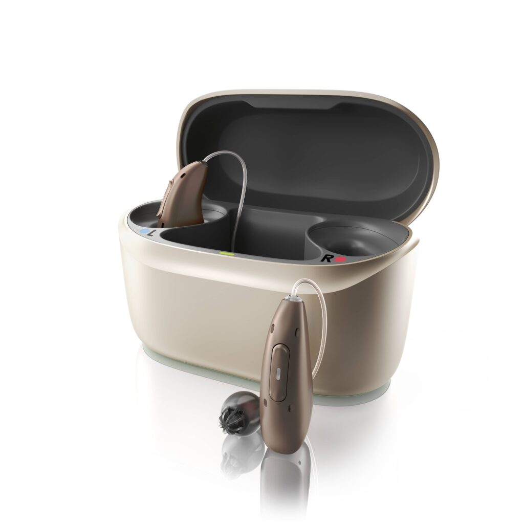 Phonak Infinio Ultra Sphere in and out of charger