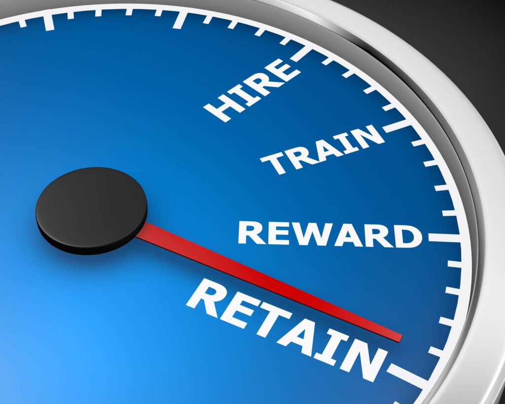 speedometer showing Hire, Train, Reward, Retain, with hand almost to Retain