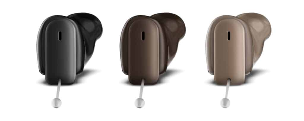 Insio Charge&Go CIC IX hearing aid shown in all three color ways.