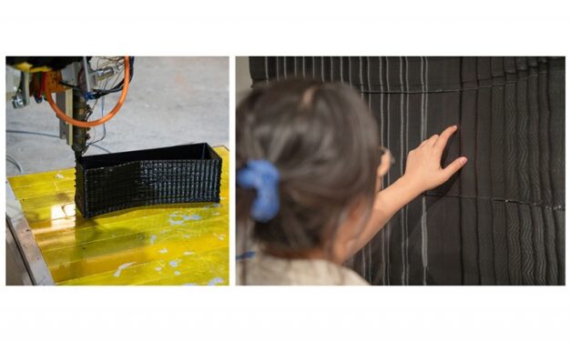 The modular wall to improve speech clarity is put together using building blocks fabricated by 3D printing.
